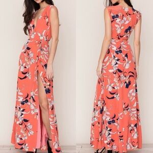 Yumi Kim Orange Floral Wrap Maxi Dress XS Silk-Feel Sleeveless Vacation